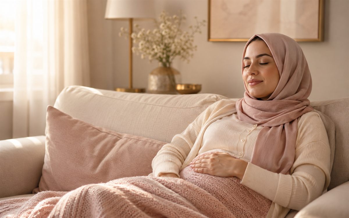 امرأة ترتاح على أريكة في المنزل ويدها على أسفل بطنها بعد ترجيع الأجنة