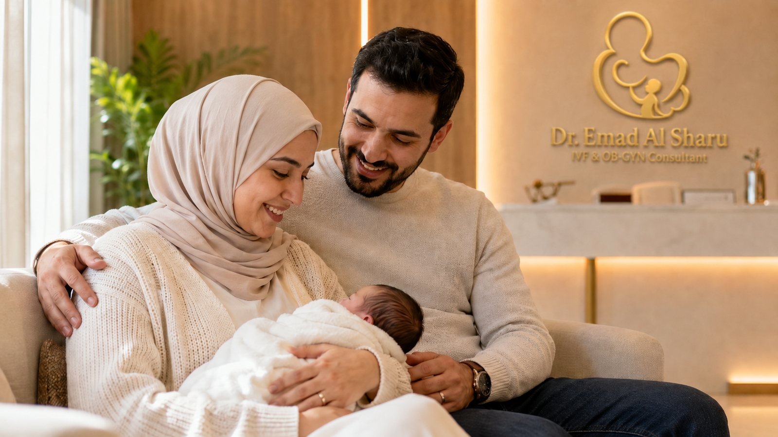 عائلة سعيدة بمولودها الجديد في عيادة د. عماد الدين الشرع