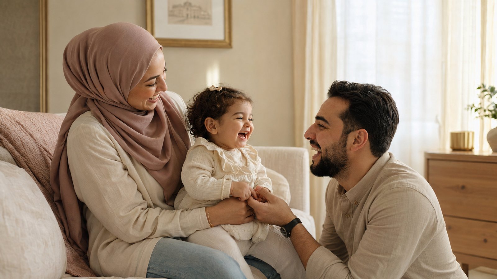 أب وأم مع طفلتهما في المنزل